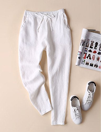 IXIMO Women's Tapered Pants 100% Linen Drawstring Back Elastic Waist Pants Trousers with Pockets White L - Image 2