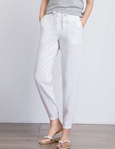 IXIMO Women's Tapered Pants 100% Linen Drawstring Back Elastic Waist Pants Trousers with Pockets White L - Image 5