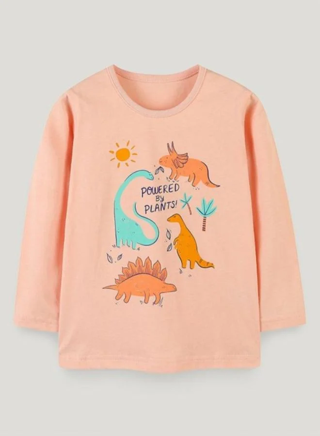 يونيكي Peach Printed Long Sleeve Crew Neck T-Shirt