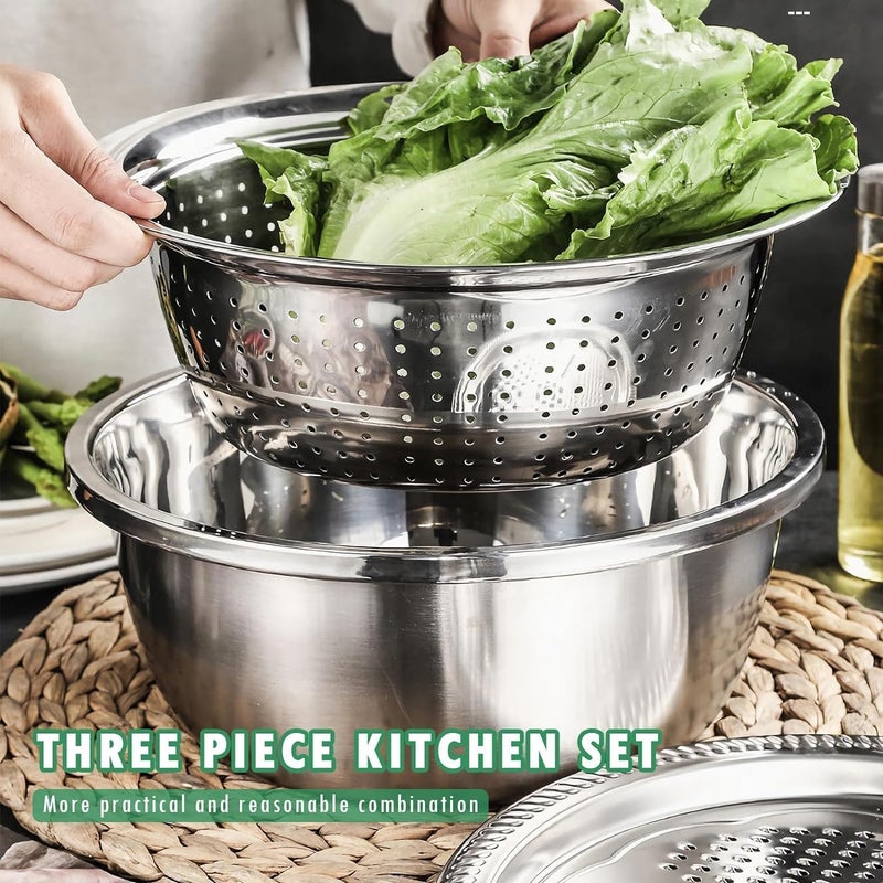 3-In-1 Stainless Steel Drain Basket Basin Set - Multifunctional Kitchen Vegetable Chopper & Grater - 26cm Colander & Mixing Bowl Set - 3 Pieces - Image 4