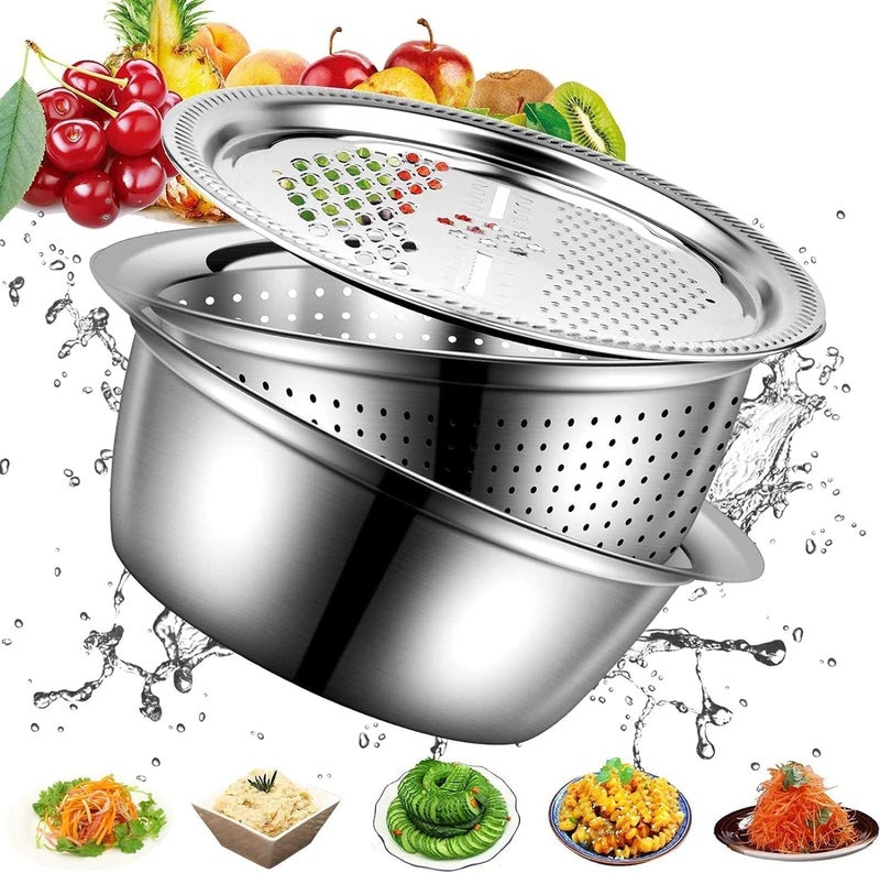 3-In-1 Stainless Steel Drain Basket Basin Set - Multifunctional Kitchen Vegetable Chopper & Grater - 26cm Colander & Mixing Bowl Set - 3 Pieces - Image 2
