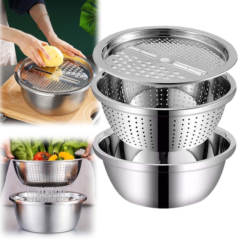 3-In-1 Stainless Steel Drain Basket Basin Set - Multifunctional Kitchen Vegetable Chopper & Grater - 26cm Colander & Mixing Bowl Set - 3 Pieces - Image 3