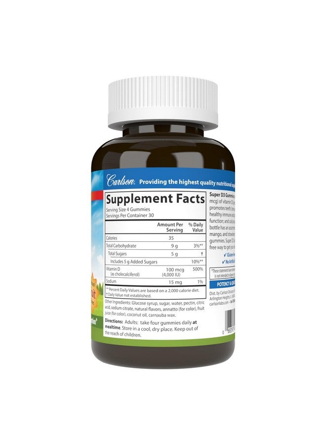 Carlson - Super D3 Gummies 4,000 IU (100 mcg), Bone Health, Immune Support & Calcium Absorption, Natural Fruit Flavors, 120 Vegetarian Gummies - Image 4