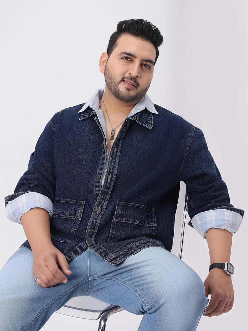 Urbano Plus Men's Dark Blue Relaxed Fit Full Sleeve Utility Denim Jacket