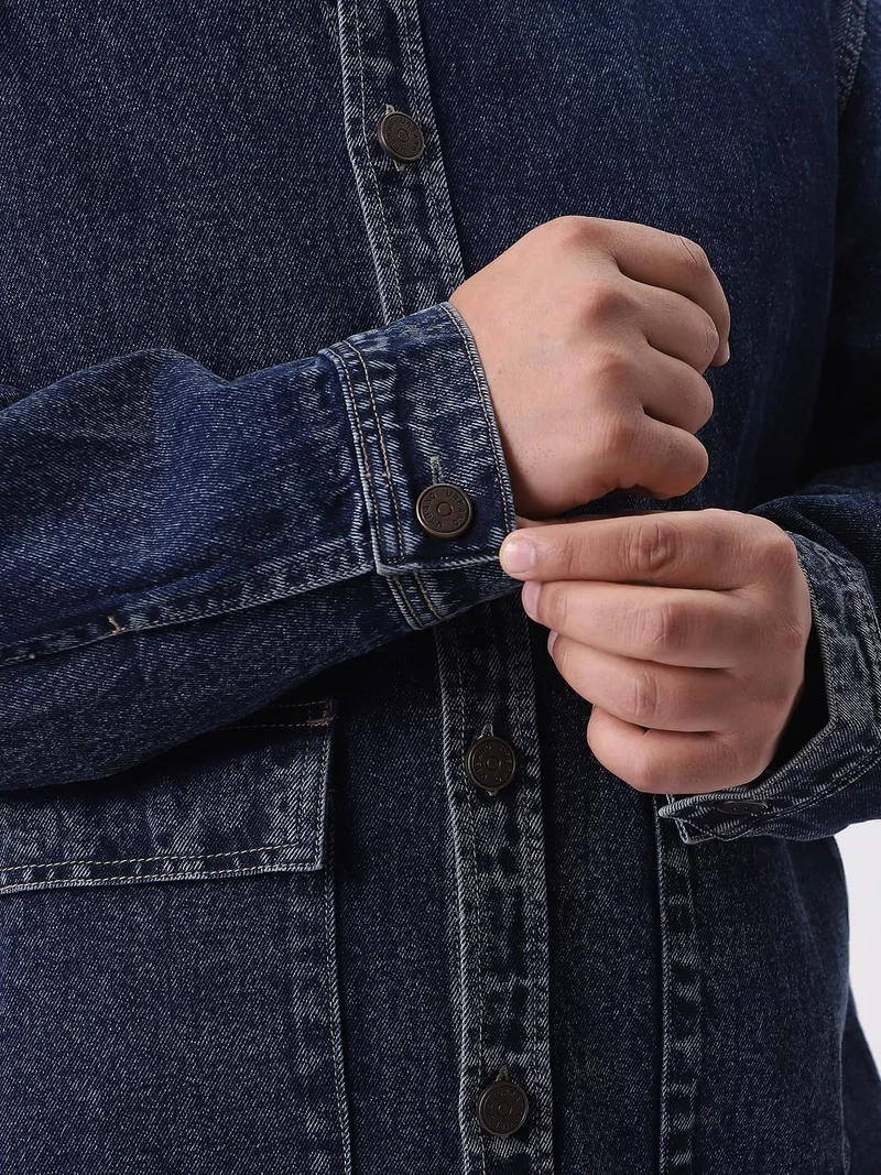 Urbano Fashion  Urbano Plus Men's Dark Blue Relaxed Fit Full Sleeve Utility Denim Jacket  | Best Price UAE