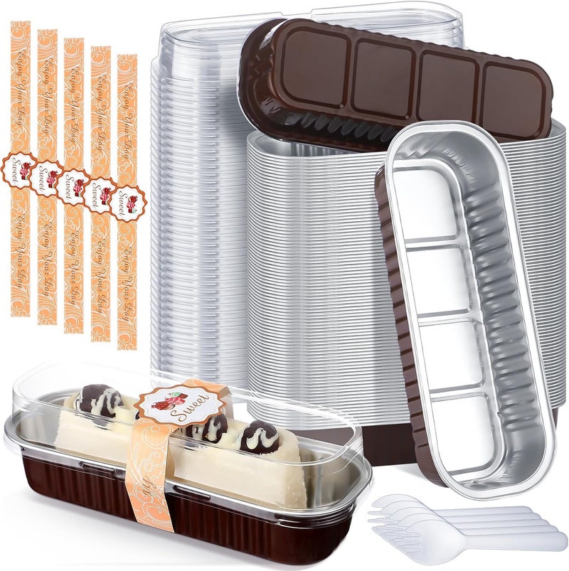 Tioncy 100 Pack Mini Loaf Pans with Lids and Spoons 6.8oz Rectangle Aluminum Foil Baking Pans Mini Cake Pans Disposable Tins Containers Fancy Muffin Pans Individual Dessert Cups, Chocolate Brown - Image 1