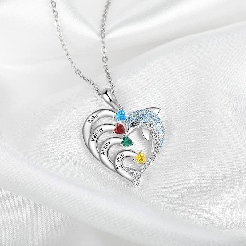 Personalized Heart Necklace With 4 Birthstones Mother Daughter Gift - Image 5