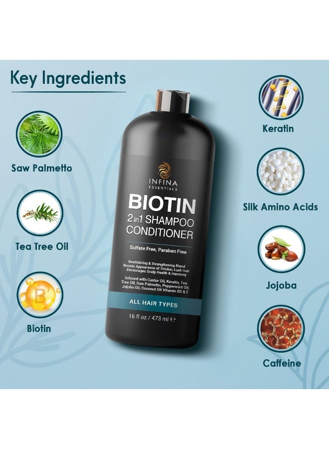 INFINA ESSENTIALS Biotin 2in1 Shampoo and Conditioner for Men  Women  Hair Thickening  Strengthening Shampoo with Saw Palmetto Keratin Caffeine  Vitamin E  Convenient Daily Use  16 fl oz - Image 2
