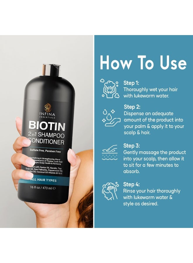 INFINA ESSENTIALS Biotin 2in1 Shampoo and Conditioner for Men  Women  Hair Thickening  Strengthening Shampoo with Saw Palmetto Keratin Caffeine  Vitamin E  Convenient Daily Use  16 fl oz - Image 4