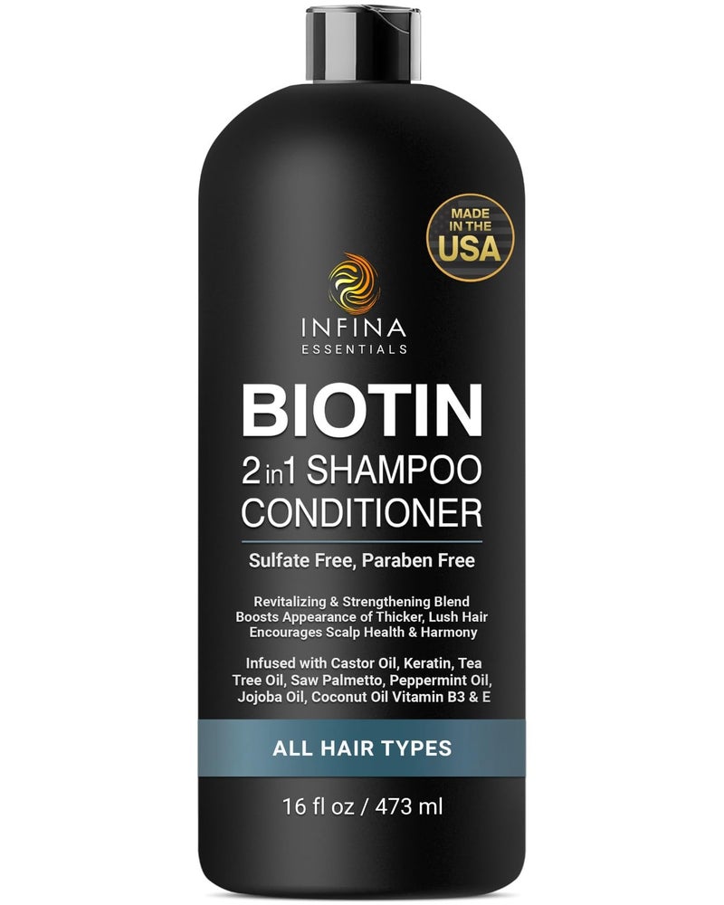 INFINA ESSENTIALS Biotin 2in1 Shampoo and Conditioner for Men  Women  Hair Thickening  Strengthening Shampoo with Saw Palmetto Keratin Caffeine  Vitamin E  Convenient Daily Use  16 fl oz - Image 1