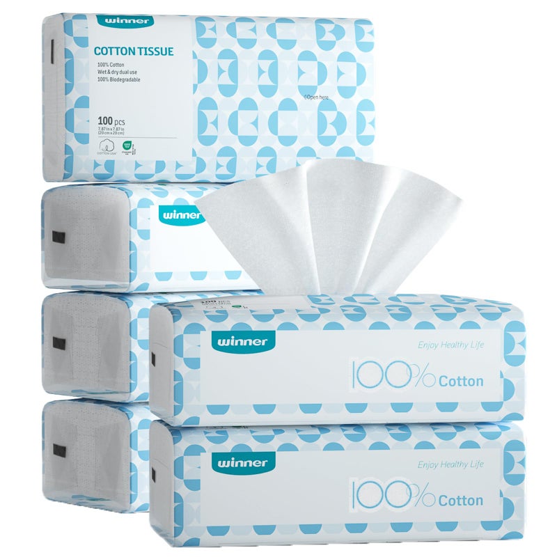 Winner Soft Face Towels, 100% USDA Biobased Facial Towels, Unscented Cotton Tissues for Sensitive Skin, OEKO-TEX Certified Face Towelettes Disposable, Makeup Remover Dry Wipes, 600 Count, Pack of 6 - Image 1
