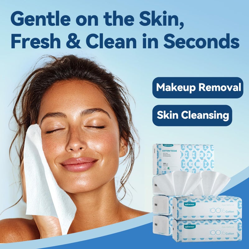 Winner Soft Face Towels, 100% USDA Biobased Facial Towels, Unscented Cotton Tissues for Sensitive Skin, OEKO-TEX Certified Face Towelettes Disposable, Makeup Remover Dry Wipes, 600 Count, Pack of 6 - Image 4