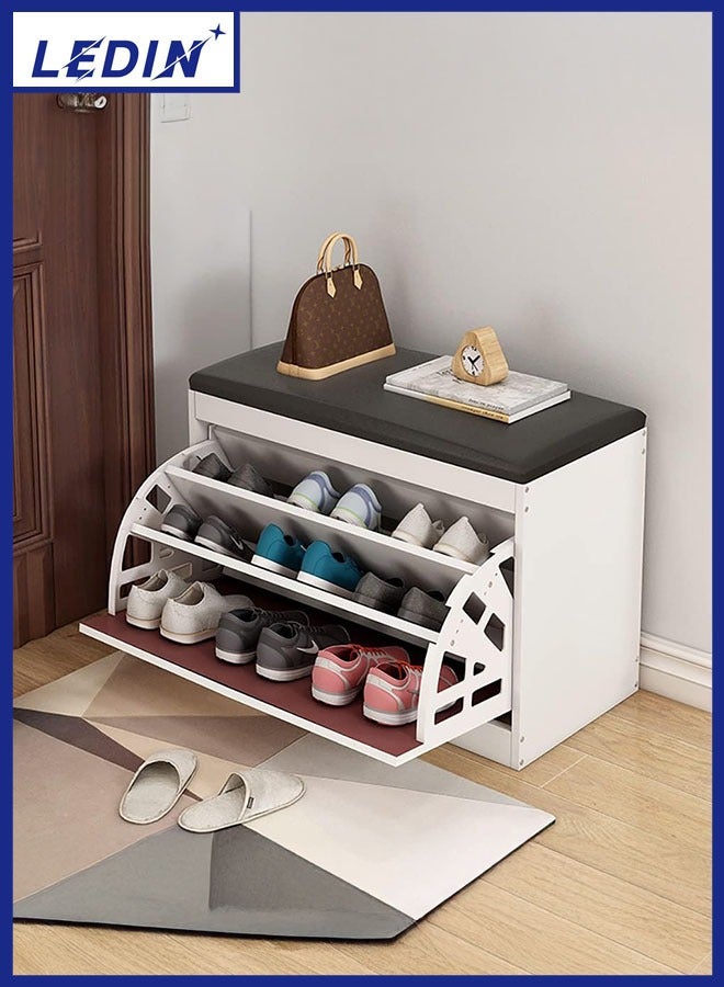 LEDIN Shoe Storage Bench with Hidden Shoe Rack,Leather Entryway Shoe Bench Seat Shoe Organizer Shoe Cabinet,Modern Entry Decorative Furniture-White+Black 60x30x50cm - Image 1