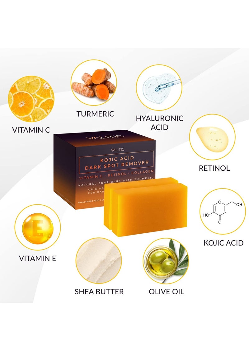 VALITIC VALITIC Kojic Acid Dark Spot Remover Soap Bars with Vitamin C, Retinol, Collagen, Turmeric - Original Japanese Complex Infused with Hyaluronic Acid, Vitamin E, Shea Butter, Castile Olive Oil (2 Pack)  - Image 4