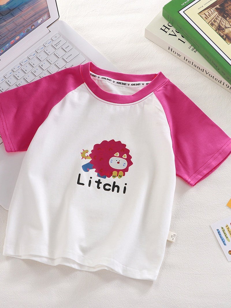 Class A Pure Cotton T-Shirt Short-Sleeved Color-Blocked Korean-Style Cartoon Raglan Loose-Fitting Baby Top For Boys And Girls With Round Neck - Image 5