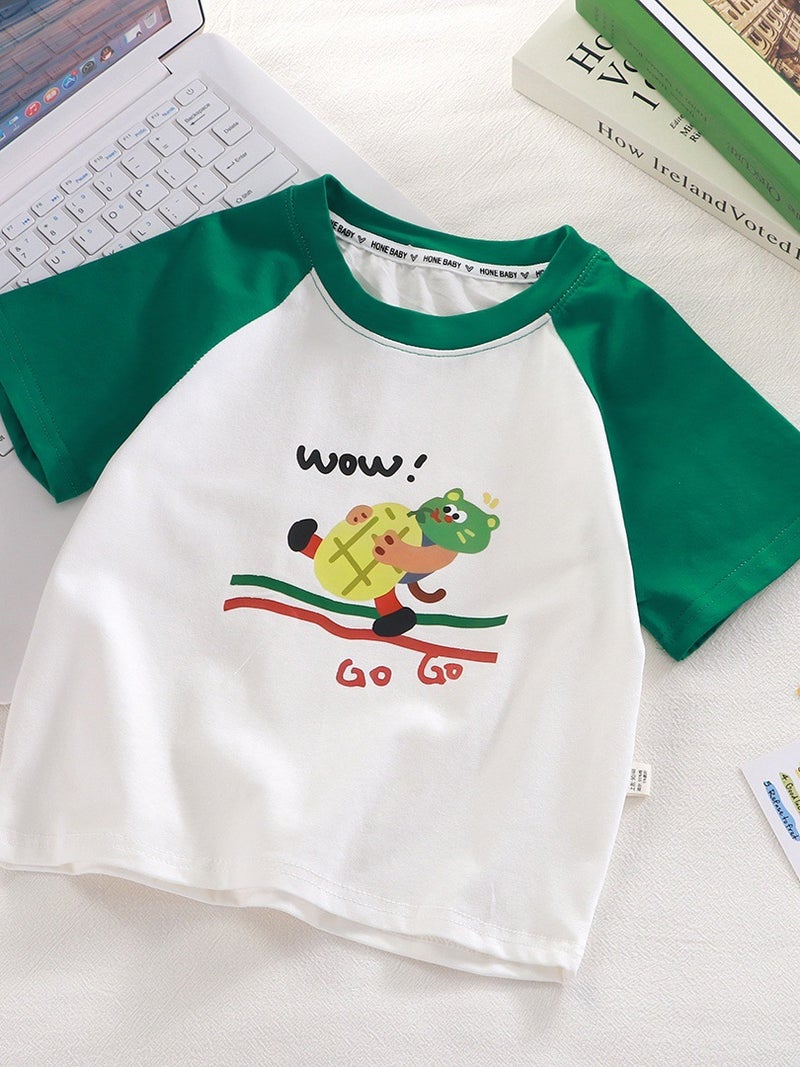 Class A Pure Cotton T-Shirt Short-Sleeved Color-Blocked Korean-Style Cartoon Raglan Loose-Fitting Baby Top For Boys And Girls With Round Neck - Image 3
