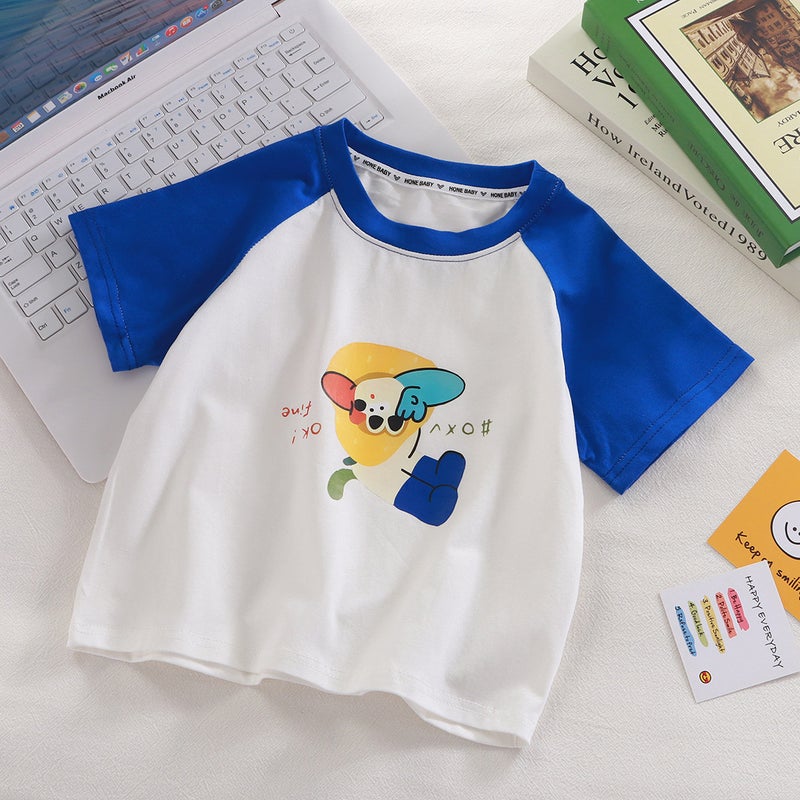 Class A Pure Cotton T-Shirt Short-Sleeved Color-Blocked Korean-Style Cartoon Raglan Loose-Fitting Baby Top For Boys And Girls With Round Neck - Image 1