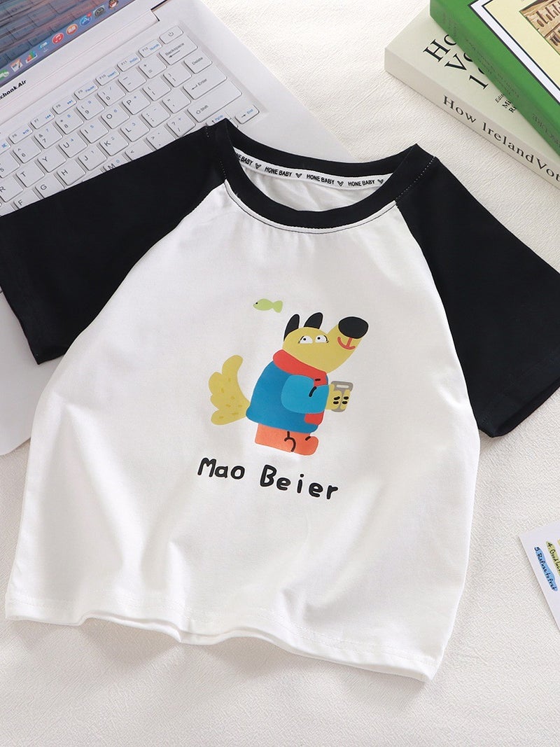 Class A Pure Cotton T-Shirt Short-Sleeved Color-Blocked Korean-Style Cartoon Raglan Loose-Fitting Baby Top For Boys And Girls With Round Neck - Image 4