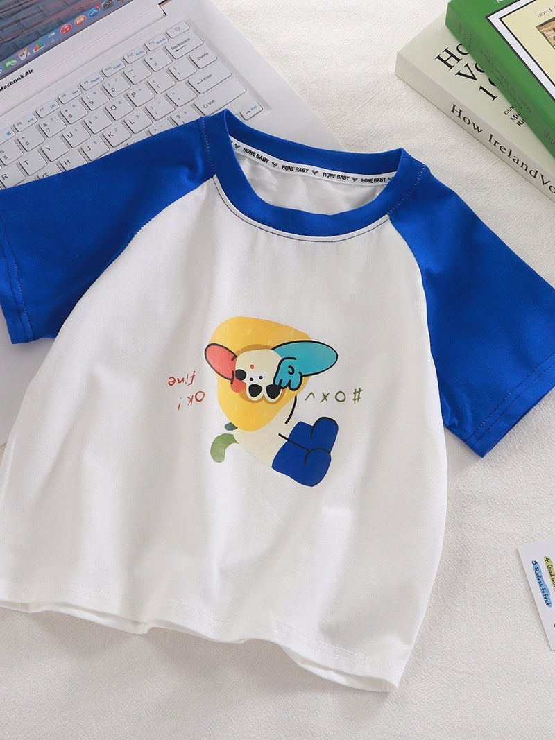 Class A Pure Cotton T-Shirt Short-Sleeved Color-Blocked Korean-Style Cartoon Raglan Loose-Fitting Baby Top For Boys And Girls With Round Neck - Image 2