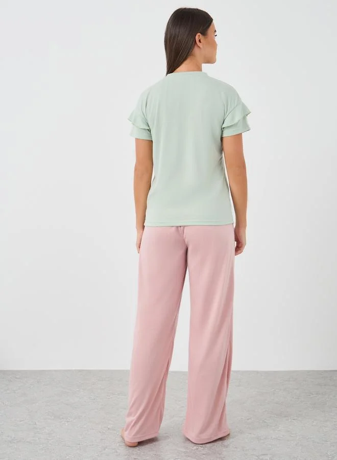 Styli Styli Solid Strappy Lace Trim Top and Pyjama Set