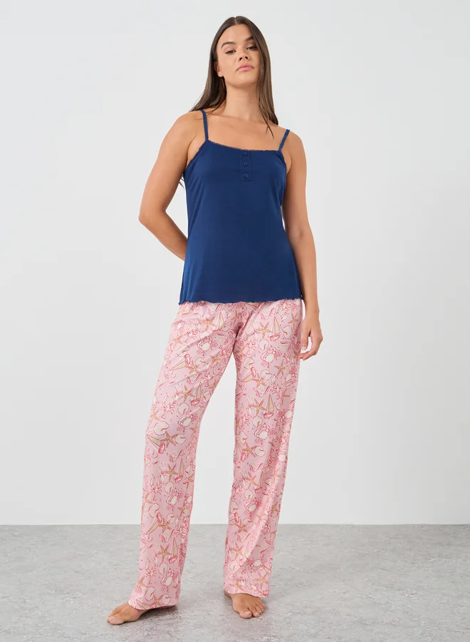 ستايلي Styli Solid Strappy Lace Trim Top and Pyjama Set