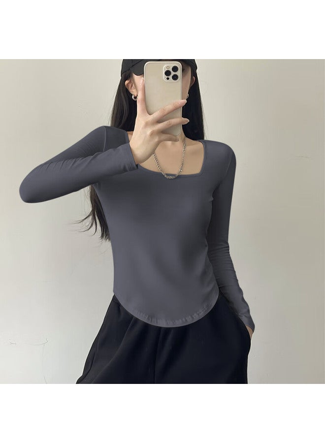 Nome V-neck T-shirt Women's Long Sleeve Spring New Irregular Arc Slim Fit Top Gray M - Image 1