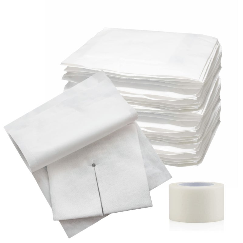Split Drain Sponge Gauze 4x4 Sterile 6 Ply Pads Pack of 50 Absorbent Precut 4X4 NonWoven Slit Bandage for IV Tracheostomy 25 Packs of 2 Pre Cut Bandages 1 Roll of Medical Tape