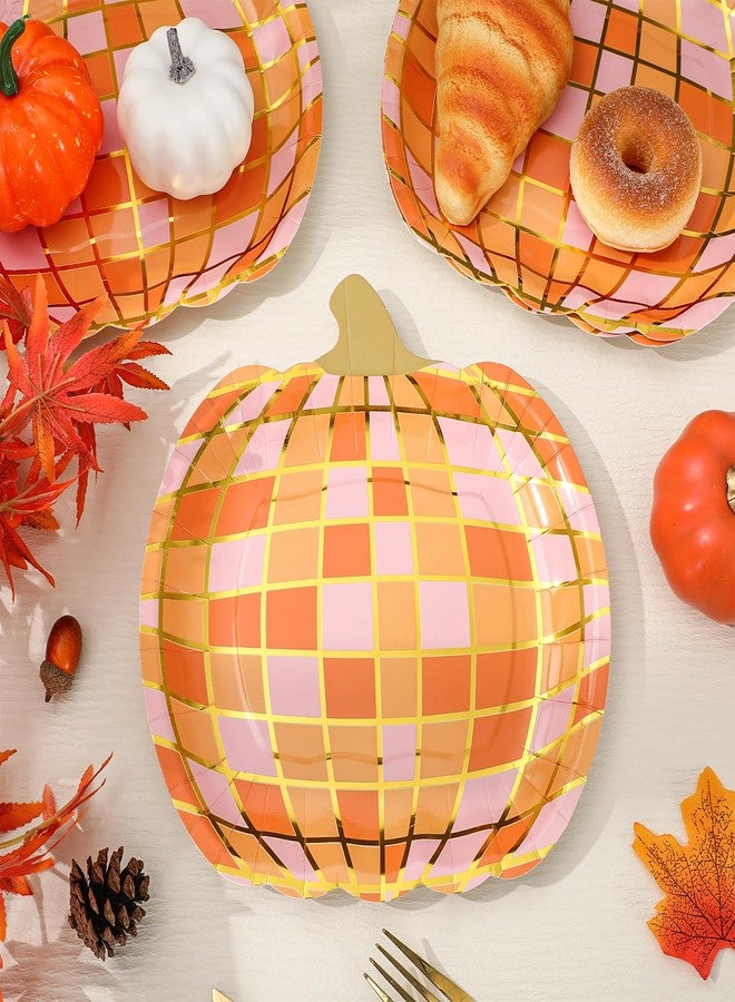 Whaline 50Pcs Fall Paper Plates Holographic Disco Pumpkin Disposable Plates 9.5 x 9.6 Inch Autumn Plaid Pumpkin Dinner Dessert Plates for Thanksgiving Birthday Baby Shower - Image 3