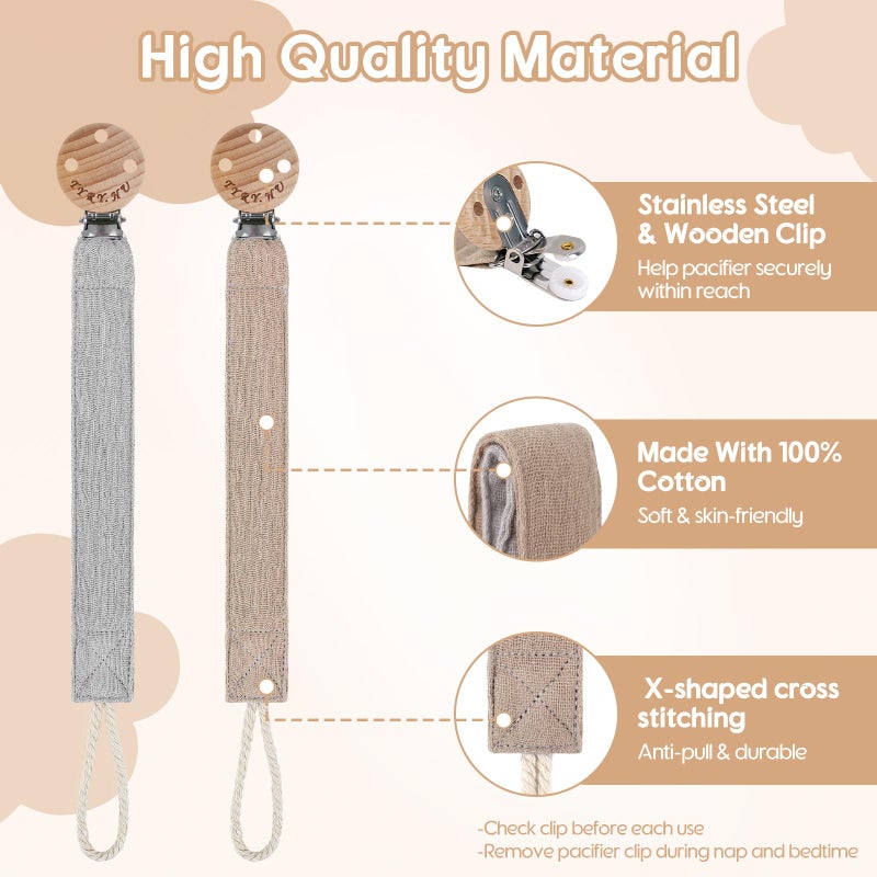 TYRY.HU Ribbon Pacifier Clip Holder,2 Pack Binky Paci Holder Clips, Pacifier Leash for Baby Boys and Girls, Soft Webbing Strap Universal Fits for Most Pacifier, Styles & Teethers Toys(Khaki,Grey) - Image 3