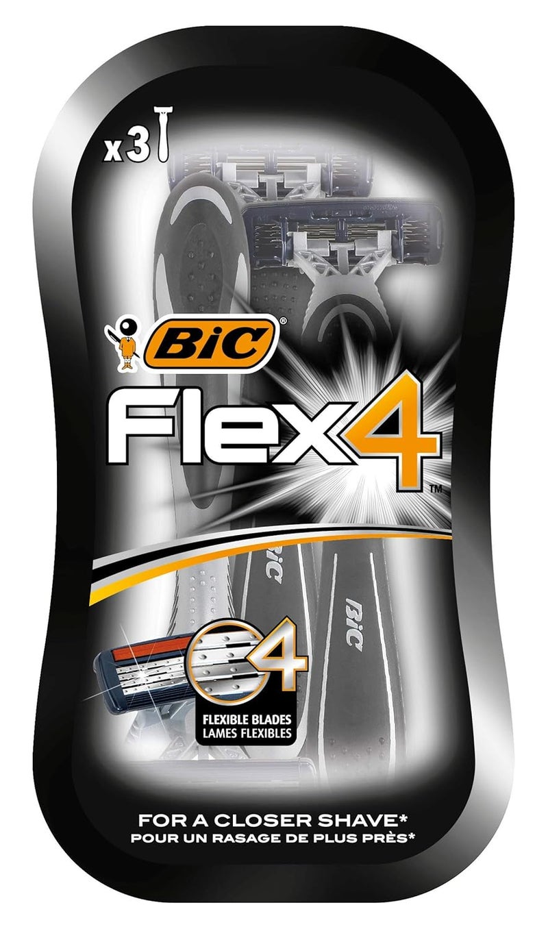 Bic Flex 4 Comfort Mens Razors  Pack of 3 Disposable 4Blade Razor  with Lubricating Strip for A Smooth And Precise Shave