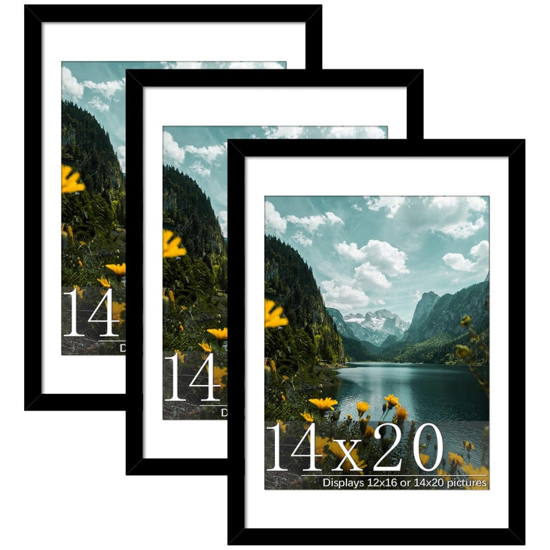 Picrit 14x20 Picture Frame 3 Pack Black Poster Frame Display Poster 12 x 16 with Mat or 14 x 20 without Mat for Horizontal or Vertical Wall Mounting
