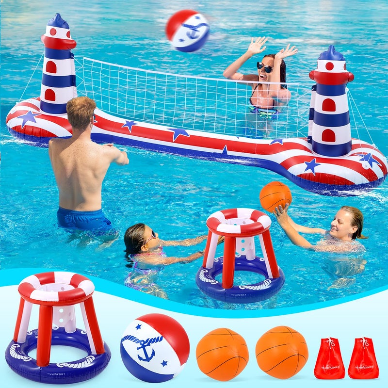 EagleStone Inflatable Pool Float Set with Volleyball Net Basketball Hoop2in1 Floating Water Games for Kids Adults Backyard Beach Summer Toys HeavyDuty PVC Family Pool Party Essentials - Image 2