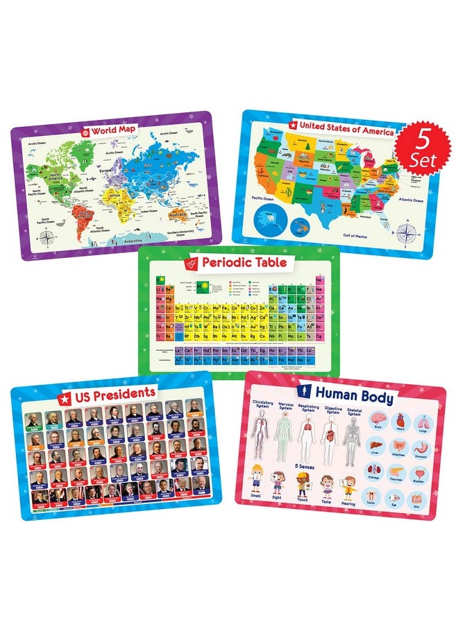 Simply Magic 5 Placemats for Kids - Kids Placemats Non Slip, Washable Reusable Children Placemats, Educational Placemats: USA and World Maps, Periodic Table, US Presidents, Plastic Placemats for Kids - Image 1