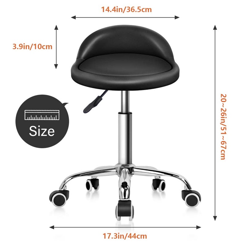 KKTONER PU Leather Round Rolling Stool with Back Rest Height Adjustable Swivel Drafting Work SPA Task Chair with Wheels Black - Image 3