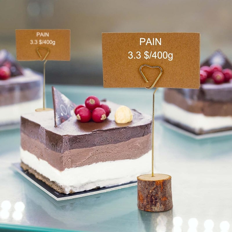 LepoHome 20 قطعة حوامل بطاقات مكان خشبية ريفية و30 قطعة بطاقات كرافت مكان، حامل رقم طاولة خشبي، حامل صورة، مشبك ملاحظات لحفلات الزفاف (سلك قلب ذهبي) - Image 5