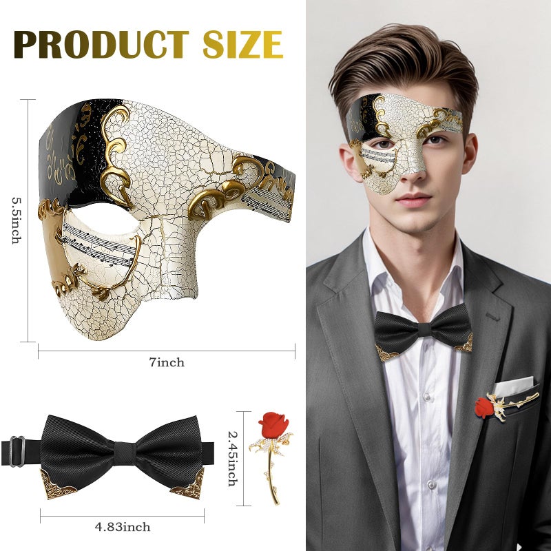 IncreDecor Mens Masquerade Mask Phantom of the Opera Mask with Bowtie and Rose Brooch Pin Venetian Mask for Halloween Party - Image 2