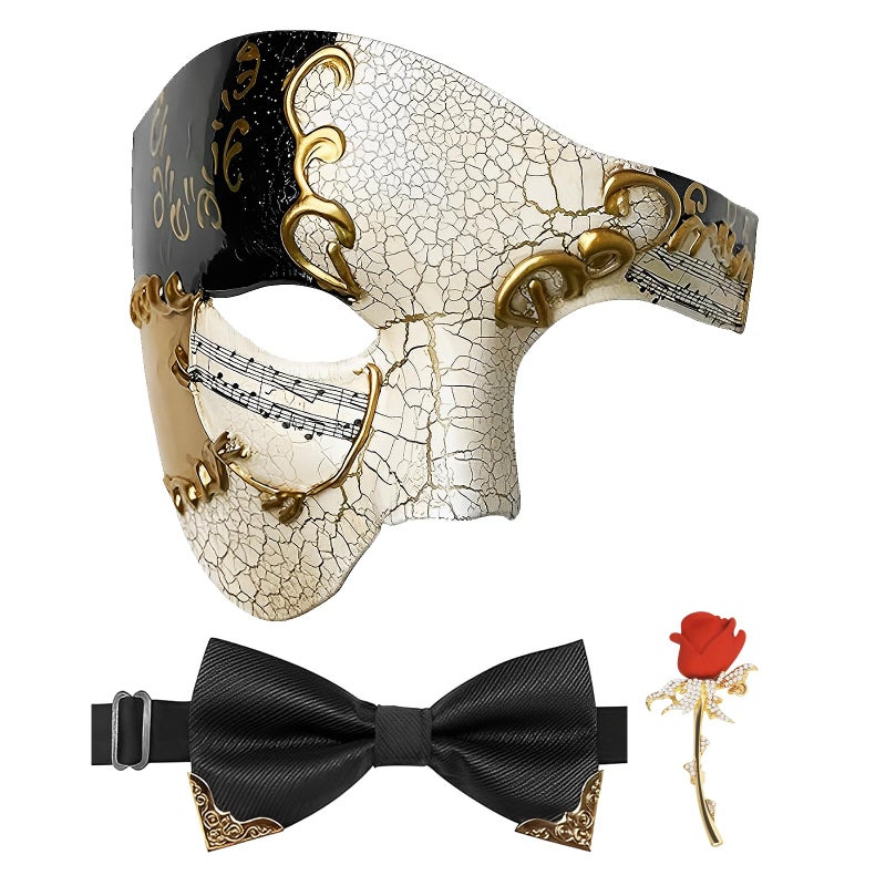 IncreDecor Mens Masquerade Mask Phantom of the Opera Mask with Bowtie and Rose Brooch Pin Venetian Mask for Halloween Party - Image 1