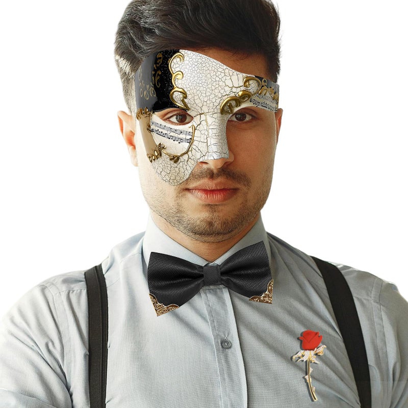 IncreDecor Mens Masquerade Mask Phantom of the Opera Mask with Bowtie and Rose Brooch Pin Venetian Mask for Halloween Party - Image 5
