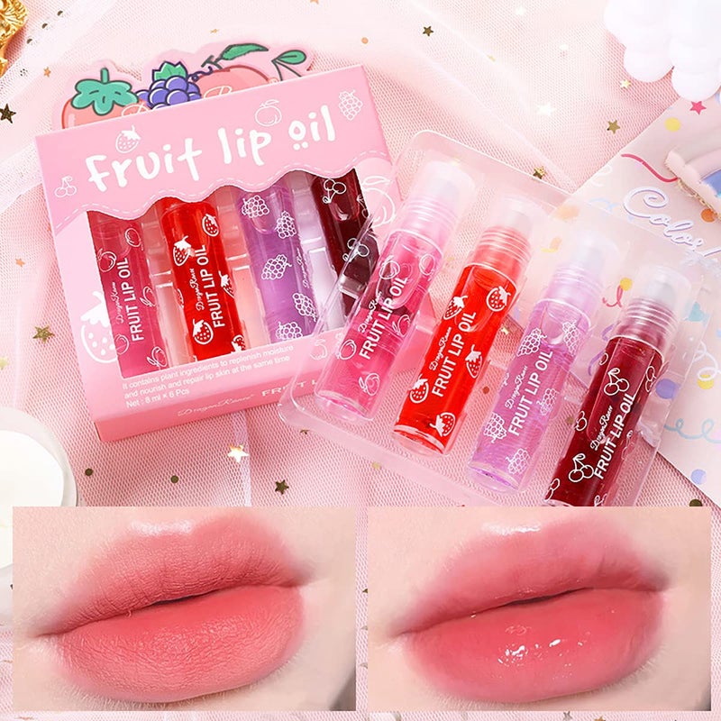 4 Pcs Fruit Rollon Lip Gloss Set Clear Lip Gloss Crystal Jelly Liquid Lipstick Plumping Lip Oil Moisturizing Hydrating NonSticky Nice Gift for Women Girl