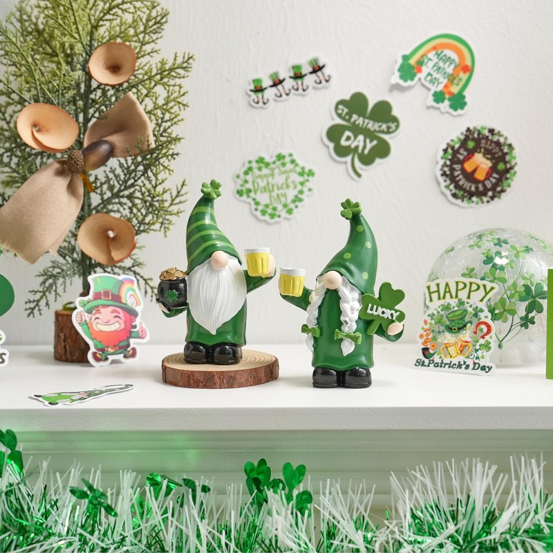 AOMOONOA St Patrick's Day Gnomes Decor, 2Pcs Resin Leprechaun Figurines with Pot of Gold, Shamrock for Mantle, Small Lucky Couple Holiday Decorations, Party, Tiered Tray, Irish Home Decor - Image 3