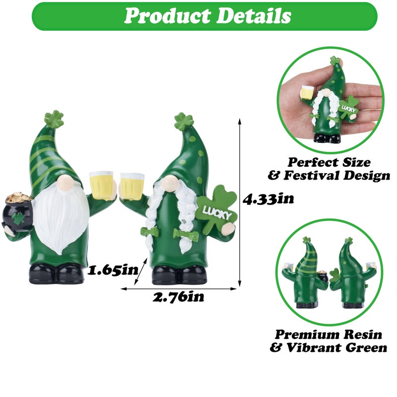 AOMOONOA St Patrick's Day Gnomes Decor, 2Pcs Resin Leprechaun Figurines with Pot of Gold, Shamrock for Mantle, Small Lucky Couple Holiday Decorations, Party, Tiered Tray, Irish Home Decor - Image 2