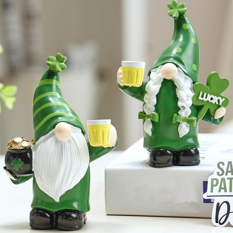 AOMOONOA St Patrick's Day Gnomes Decor, 2Pcs Resin Leprechaun Figurines with Pot of Gold, Shamrock for Mantle, Small Lucky Couple Holiday Decorations, Party, Tiered Tray, Irish Home Decor - Image 1