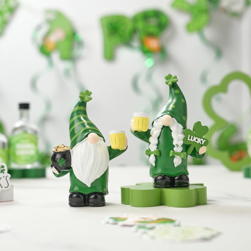 AOMOONOA St Patrick's Day Gnomes Decor, 2Pcs Resin Leprechaun Figurines with Pot of Gold, Shamrock for Mantle, Small Lucky Couple Holiday Decorations, Party, Tiered Tray, Irish Home Decor - Image 4