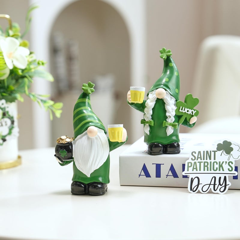 AOMOONOA St Patrick's Day Gnomes Decor, 2Pcs Resin Leprechaun Figurines with Pot of Gold, Shamrock for Mantle, Small Lucky Couple Holiday Decorations, Party, Tiered Tray, Irish Home Decor - Image 5