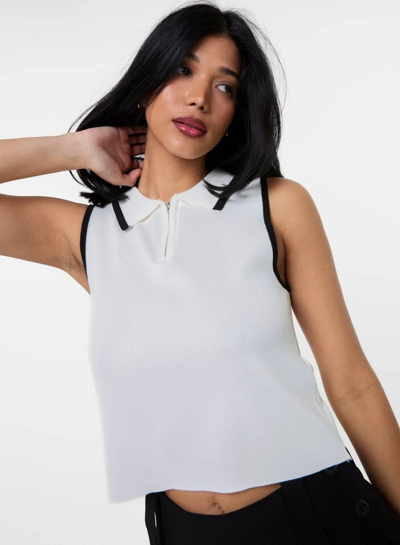 Pink Vanilla Half Zip Crop Polo Top With Contrast Piping