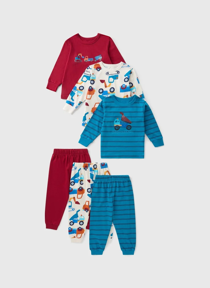 Matalan 3 Pack Boys Red Transport Print Pyjama Set