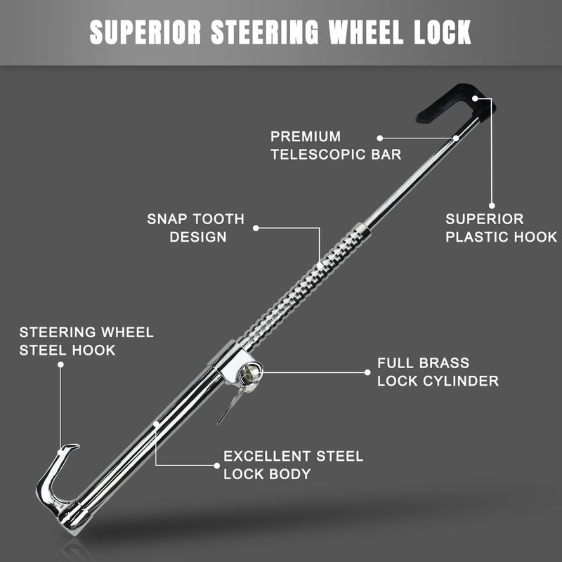 ROADGIVE Steering Wheel Lock AntiTheft Device Retractable Universal Brake Lock Bar Adjustable Car Clutch Pedal Lock Security for Car Truck SUV Van Security with 2 Keys Silver - Image 4