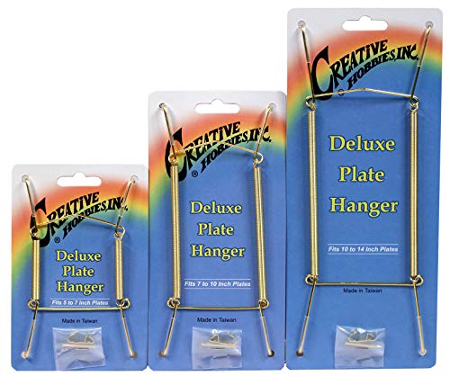 Creative Hobbies Deluxe Plate Display Hangers - 3 Different Sizes Assortment - Assembled & Ready to Use - Hang 5 to 14 Inch Plates - Gold Wire Spring Type, Hanger Hooks & Nails Included | Pack of 3 - Image 1