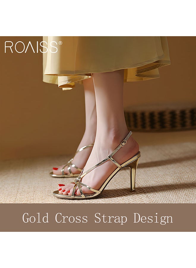 roaiss - Women's Strappy Open Toe High Heels Gold Round Head Design With 6Cm Slim High Heels Adjustable Ankle Tightness - Image 1