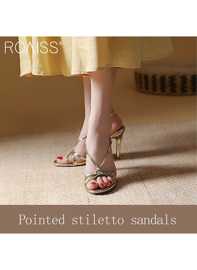 roaiss - Women's Strappy Open Toe High Heels Gold Round Head Design With 6Cm Slim High Heels Adjustable Ankle Tightness - Image 1